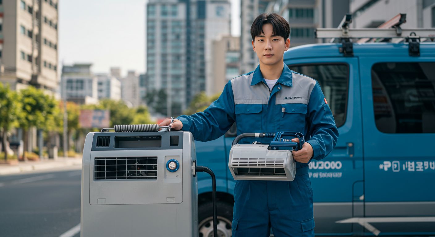 에어컨 청소 창업을 준비하는 한국 청년이 장비를 점검하는 모습
