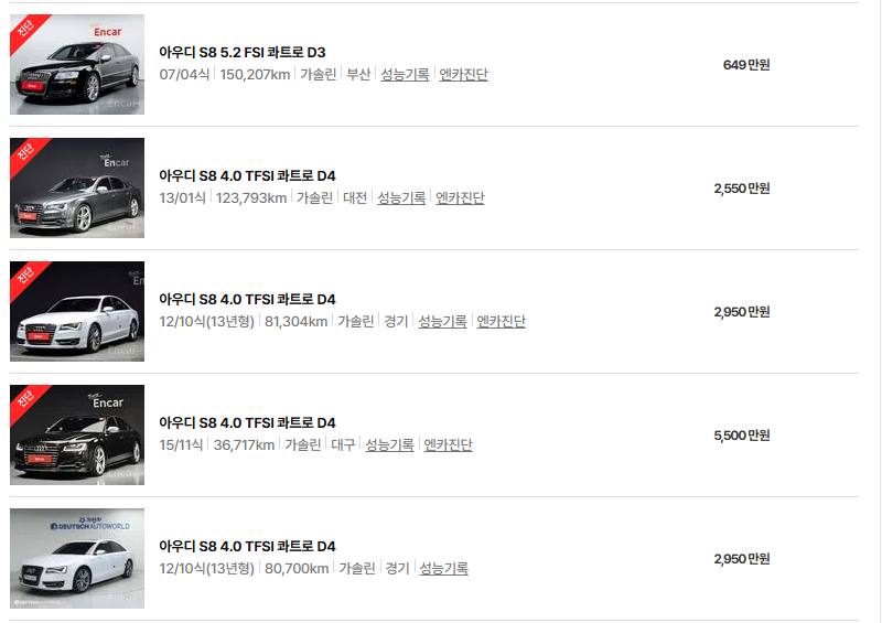 아우디 S8 중고차 가격 시세표 고속 시내 연비