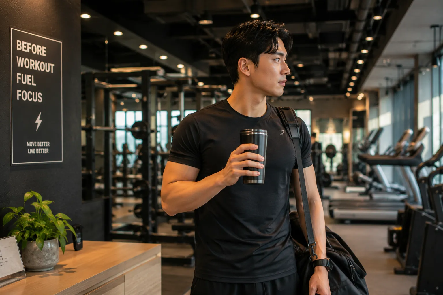 운동 전 커피를 챙겨 든 사람의 모습