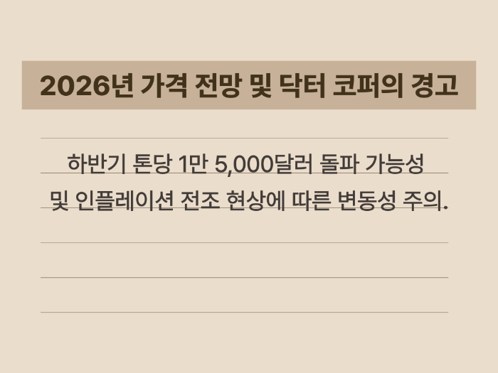 2026년 구리 가격 목표가 제시 및 투자 시 주의해야 할 변동성 요약 카드