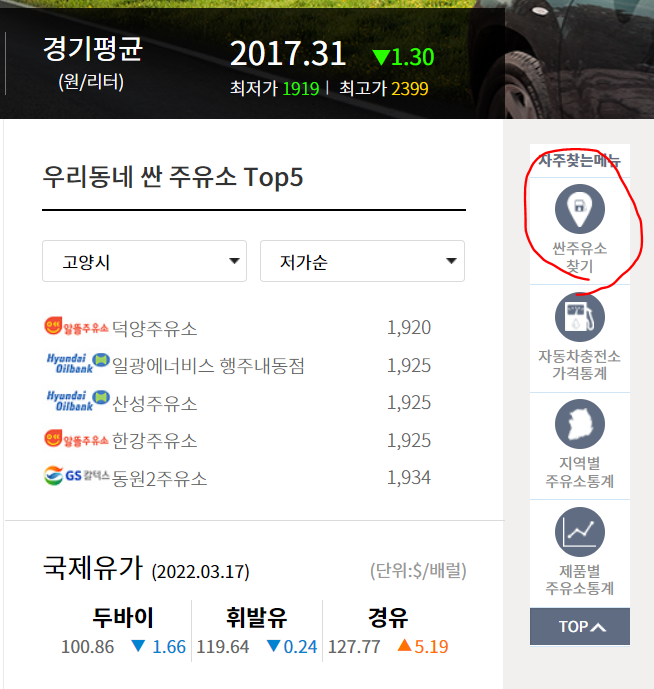 오피넷-사이트-싼주유소