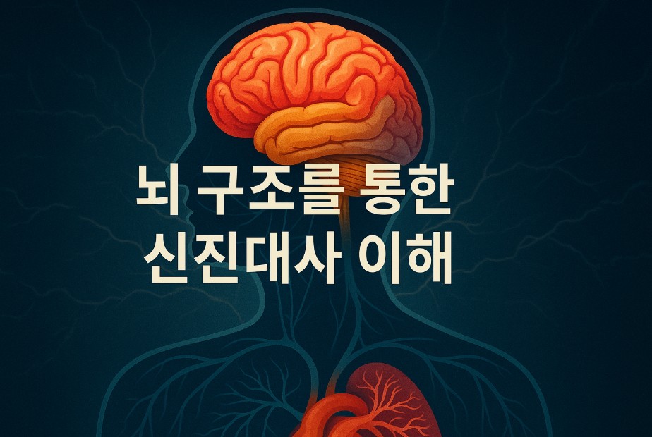 배경에는 디지털 방식으로 표현된 인간의 뇌 구조가 있고, 뇌파와 인체 내 장기들이 실루엣처럼 연결된 모습이 강조되어 있다. 이미지 중앙에는 &quot;뇌 구조를 통한 신진대사 이해&quot;라는 문구가 선명하고 크게 삽입되어 뇌와 대사 시스템의 상호작용을 시각적으로 나타낸다. 이 이미지는 뇌 기능, 신진대사 조절, 자율신경계 연결과 관련된 과학적 주제를 직관적으로 전달하는 데 효과적이다.