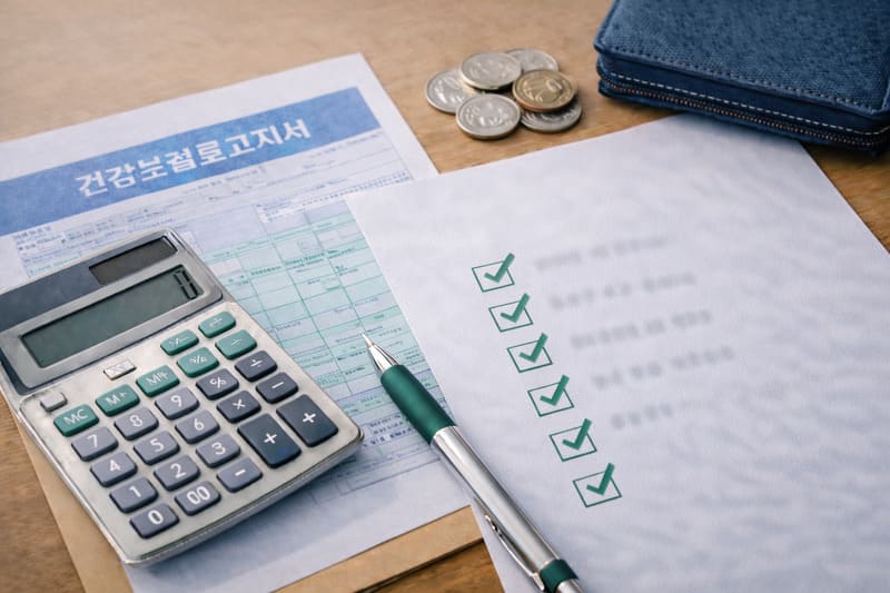 건강보험료 고지서와 계산기, 동전이 놓여있는 모습