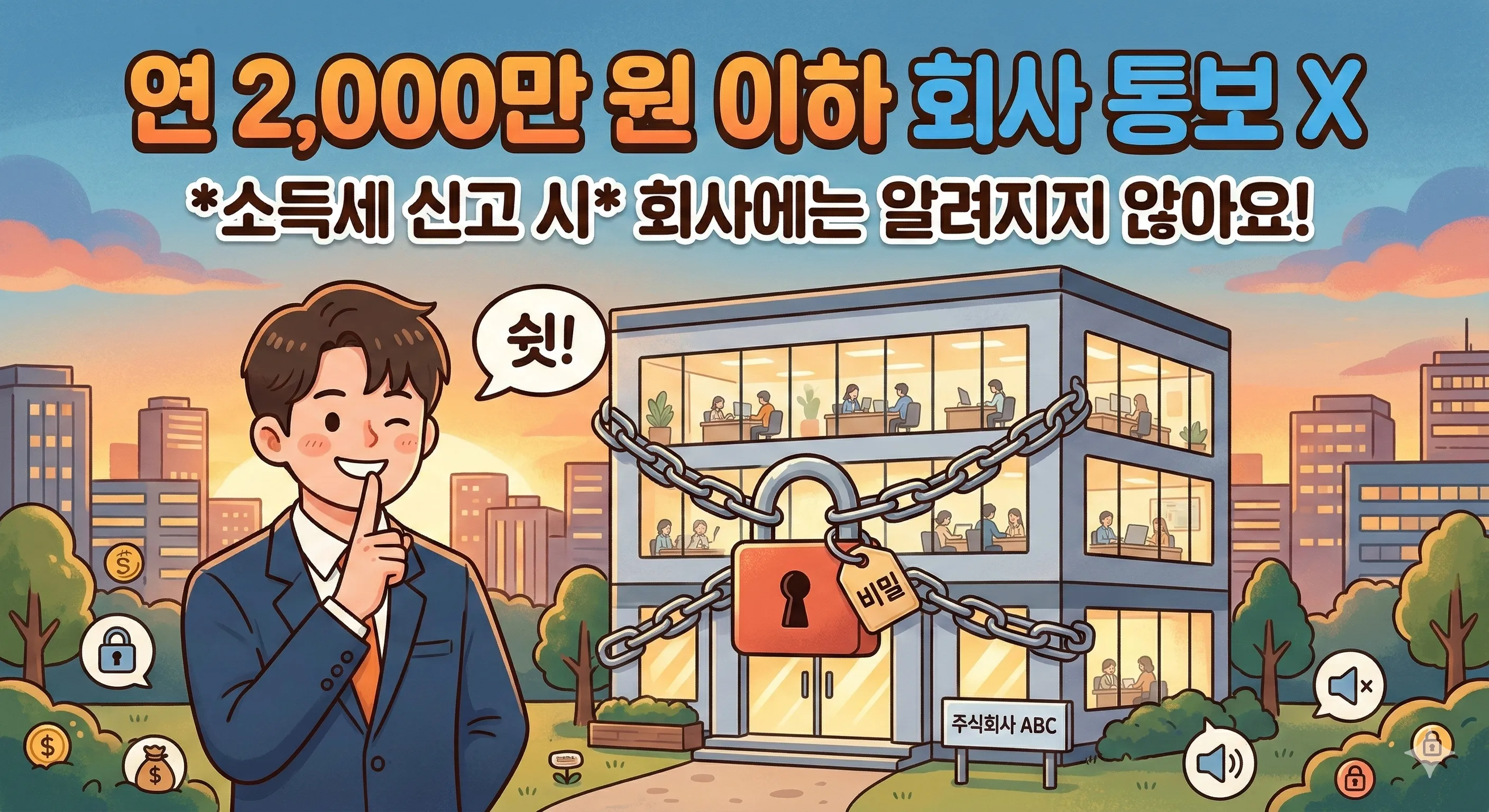 투잡 부수입이 연 2,000만 원 이하라면 종합소득세 신고 시 회사에 통보되지 않는다는 사실을 설명하는 일러스트