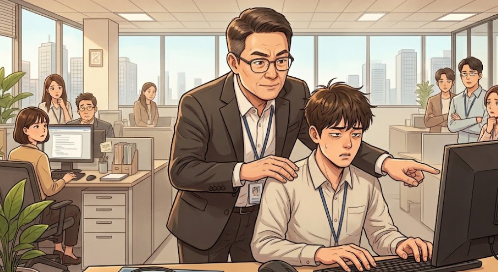 사무실에서 안경을 쓴 상사가 피곤하고 지친 표정으로 키보드를 치고 있는 직원의 바로 뒤에 바짝 붙어 서서, 손가락으로 모니터 화면을 가리키며 사소한 부분까지 지시하고 간섭하는 모습