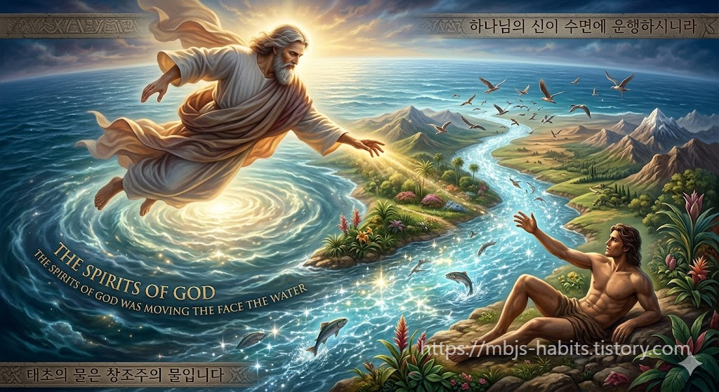 태초의 천지창조 배경 속에서 빛을 발하며 바다 위를 운행하는 신성한 창조주와 강가에 누워 손을 뻗어 경외하는 인간의 모습이 그려져 있고, 화면 곳곳에 '하나님의 신이 수면에 운행하시니라', '태초의 물은 창조주의 물입니다'라는 한글과 영문 성경 구절이 정갈하게 새겨져 있는 역사 종교 스타일의 이미지