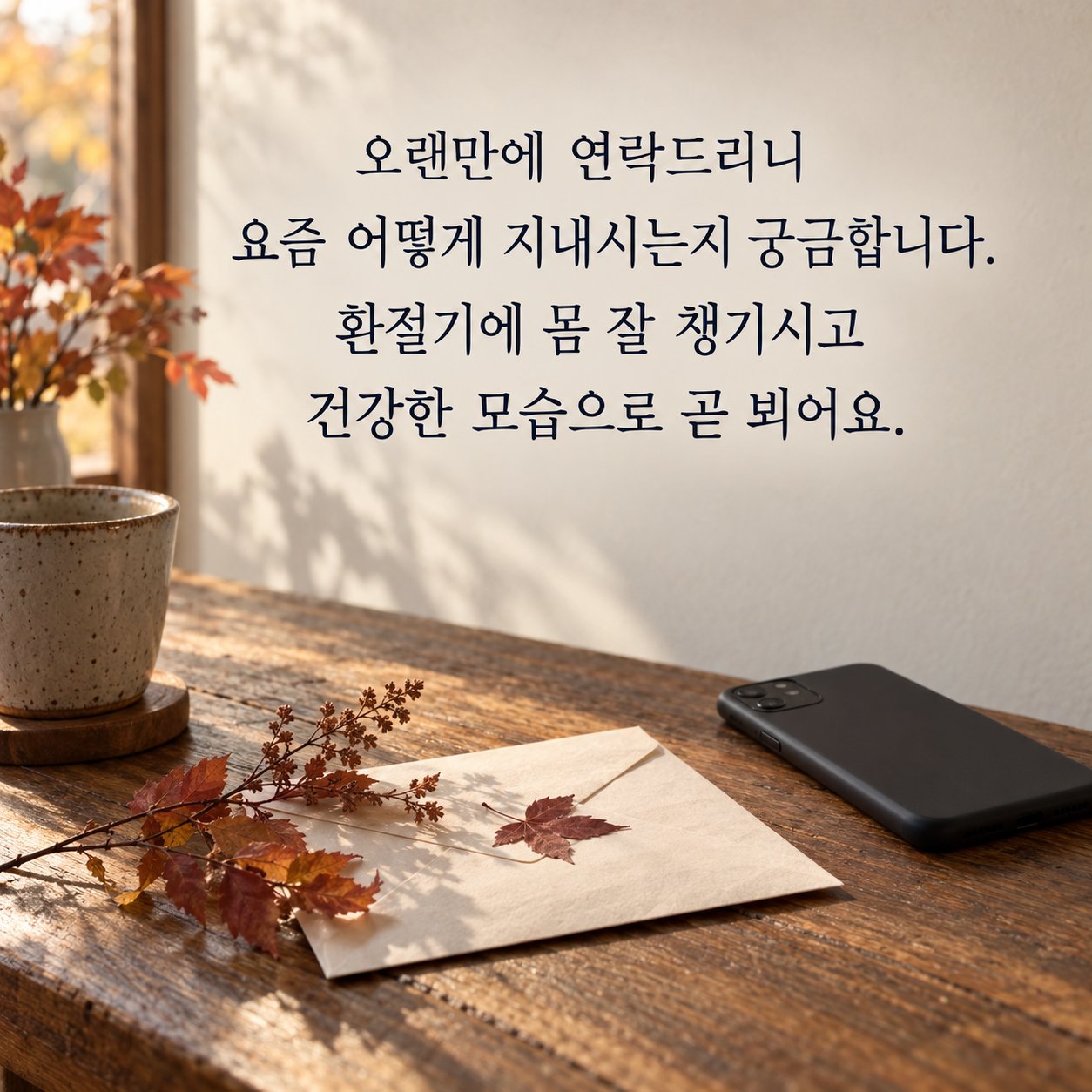 가을 환절기 건강 인사 이미지 10 — 오랜만에 연락드리니 요즘 어떻게 지내시는지 궁금합니다. 환절기에 몸 잘 챙기시고 건강한 모습으로 곧 뵈어요.