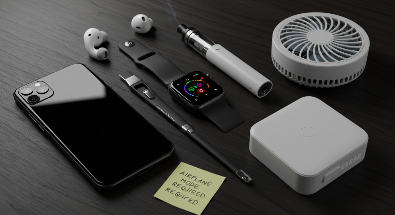 기내 반입 가능한 스마트폰, 스마트워치, 이어폰 등 다양한 전자기기.