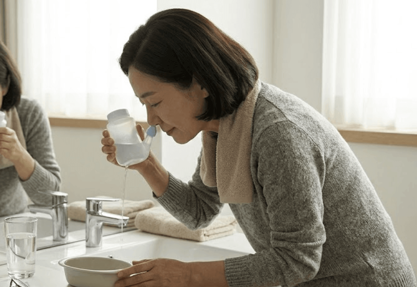화장실 세면대에서 비강 세척기로 코를 세척하며 코막힘을 관리하는 여성