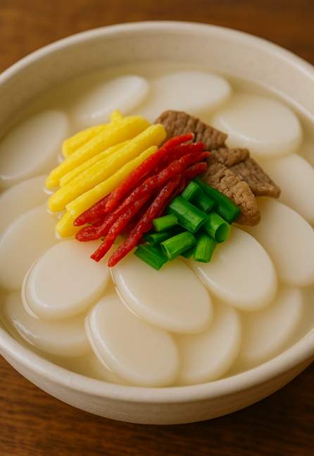 떡국이 그릇에 담겨 있는 사진