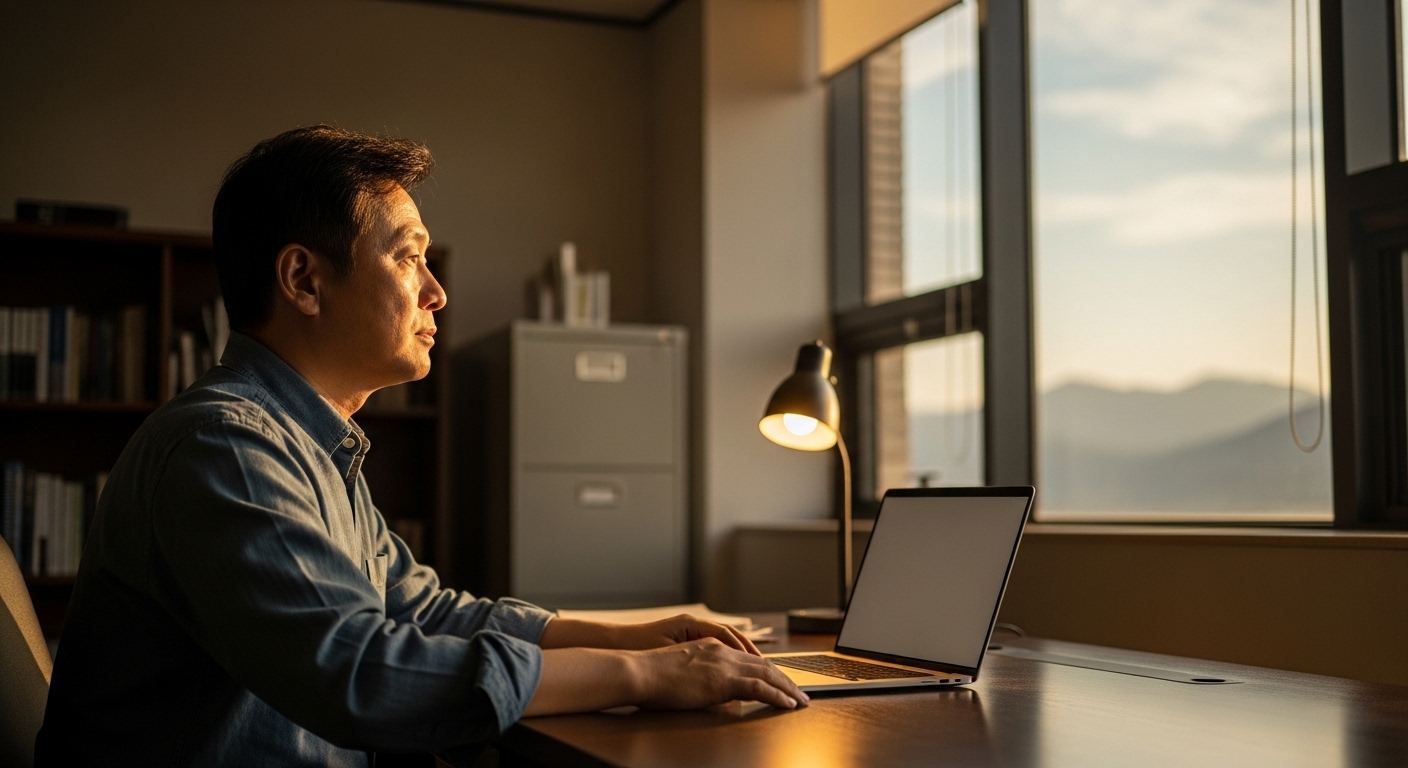50대 한국 남성, 창밖 응시로 20-20-20 실천