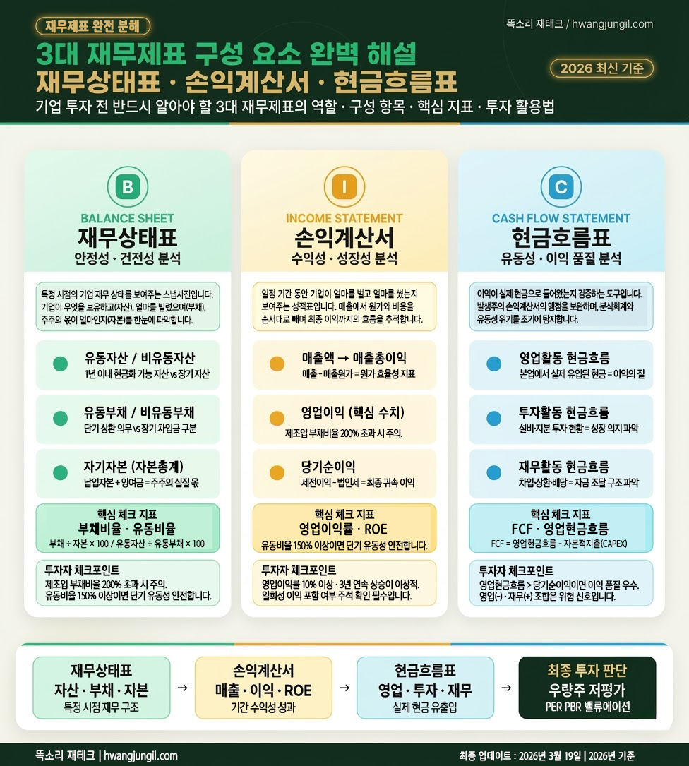 "재무상태표·손익계산서·현금흐름표 3대 재무제표 구성 요소 설명 인포그래픽"