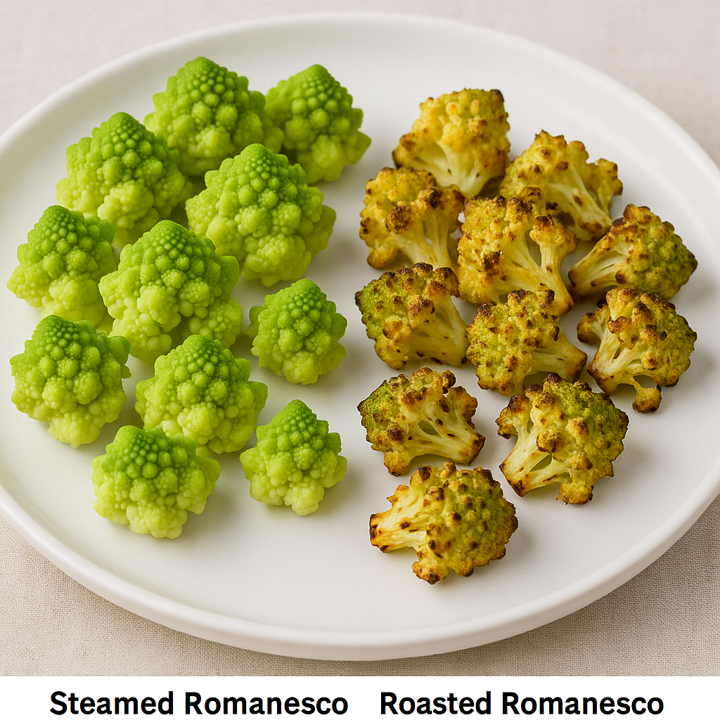 "찐 로마넥스와 구운 로마넥스를 나란히 놓은 비교 사진. 왼쪽은 밝은 녹색의 찐 로마넥스, 오른쪽은 갈색 테두리가 생긴 구운 로마넥스가 하얀 접시에 담겨 있음"