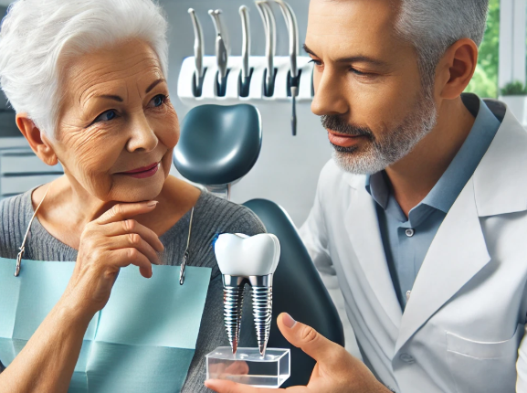 노인에게-의사가-임플란트를-설명하고-있다