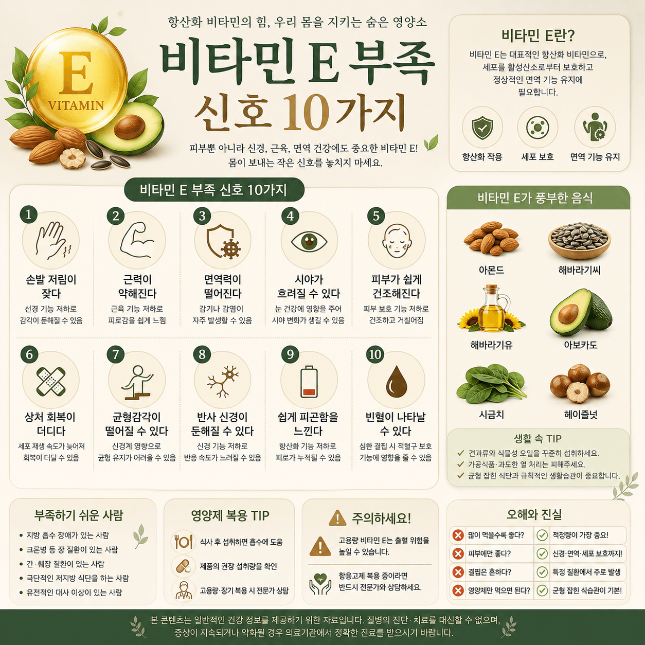 비타민 E 부족 증상과 비타민 E가 풍부한 음식, 관리 방법을 보기 쉽게 정리한 인포그래픽