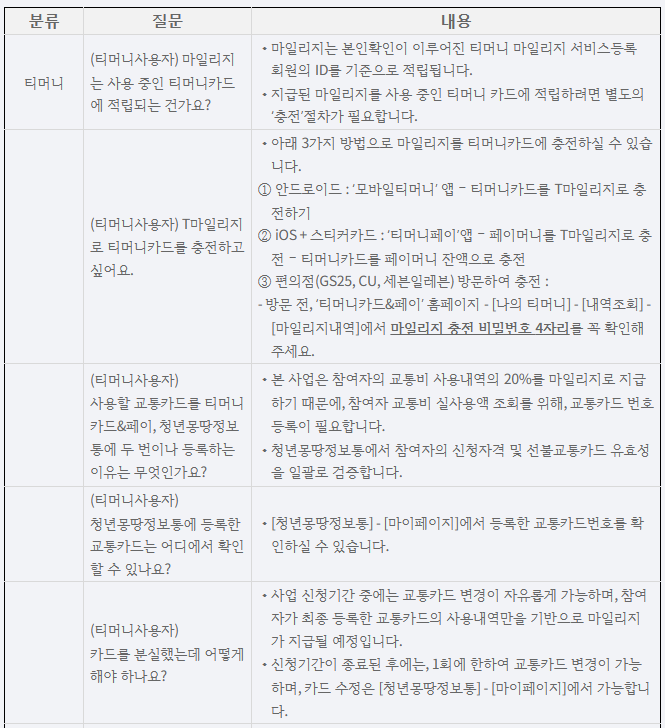 티머니 교통카드 관련 질문과 답변이 적혀있다.