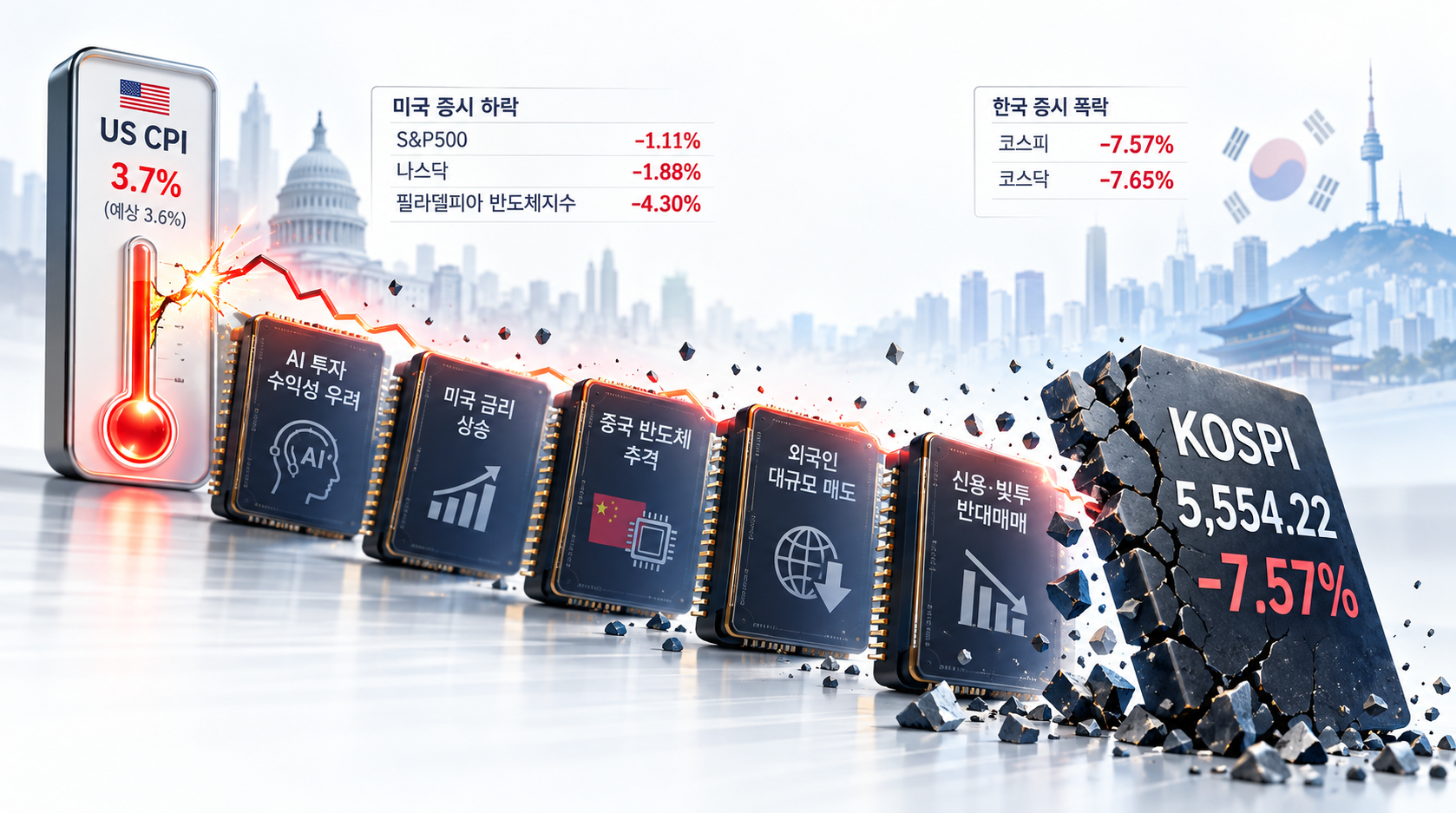 미국 CPI 3.7% 발표 이후 반도체 관련 우려와 외국인 매도가 겹치면서 한국 코스피가 5554.22까지 하락하는 과정을 표현한 도미노 이미지