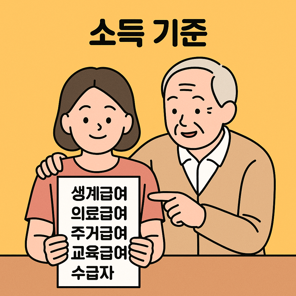 소득 기준: 생계급여&amp;#44; 의료급여&amp;#44; 주거급여&amp;#44; 교육급여 수급자