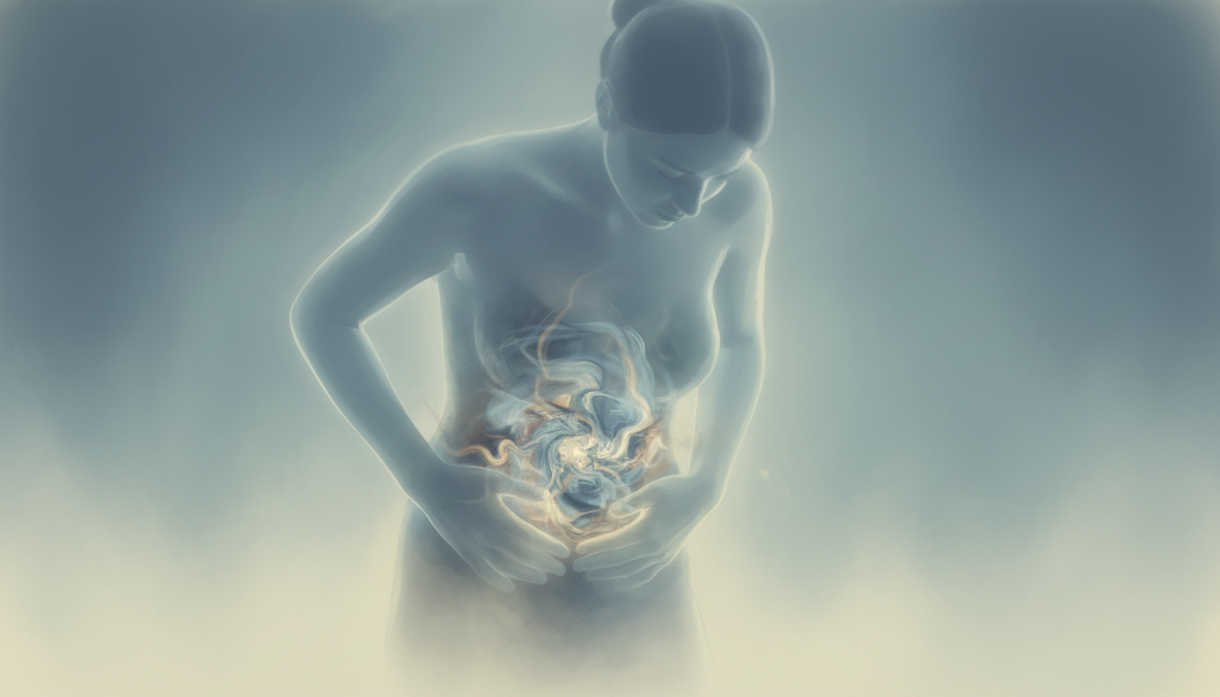 오른쪽 윗배의 모호한 불편감과 소화불량을 느끼는 사람의 추상적인 이미지로, 담낭암의 비특이적인 초기 증상을 표현합니다.