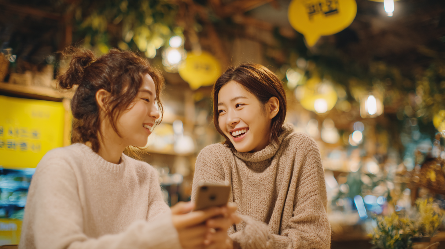 상생페이백 지역 차이에 대해 스마트폰으로 정보를 보여주며 대화하는 한국인 친구 두 명