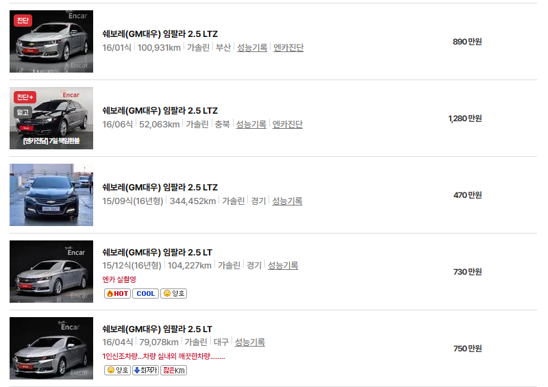 쉐보레 임팔라 중고차 가격 시세표 유지비