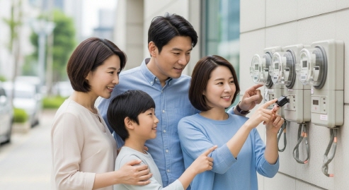 전기와 가스 계량기를 확인하는 가족