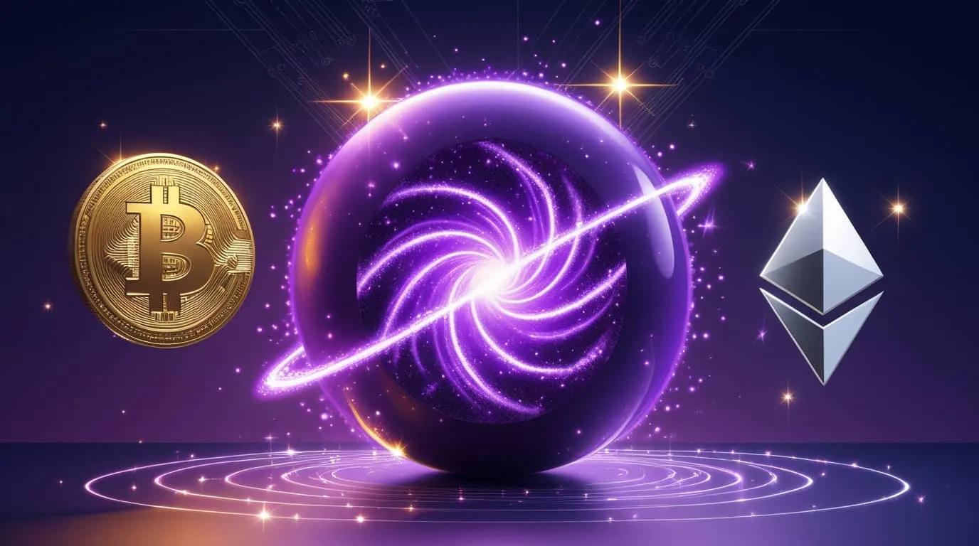 퀀텀 코인의 하이브리드 블록체인 기술을 표현한 이미지. 중앙의 보라색 에너지 구체를 중심으로 좌측의 비트코인과 우측의 이더리움이 융합되는 모습을 우주적 배경에서 마법적으로 시각화했으며, 블로그의 퀀텀 코인 완전 분석과 AI 통합 로드맵 내용을 상징적으로 전달함 (QTUM hybrid blockchain technology visualization showing Bitcoin and Ethereum fusion with purple quantum energy sphere in cosmic magical atmosphere)