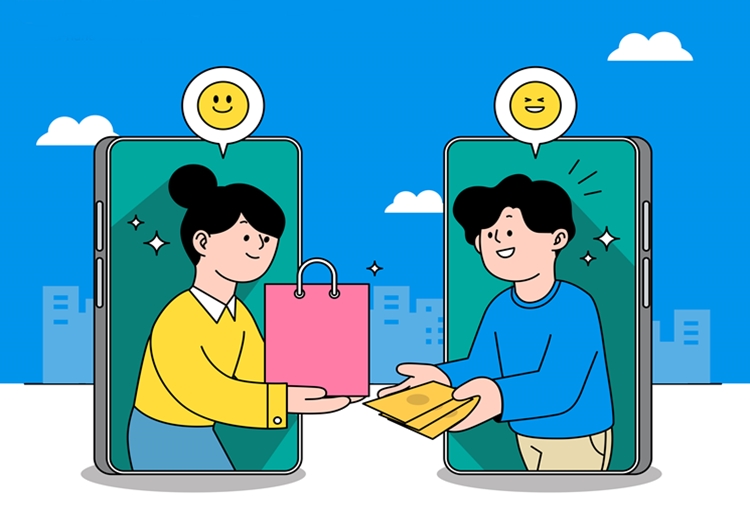 파란색 배경의 일러스트레이션으로, 두 개의 스마트폰 화면 속 거래자들이 물건과 돈을 교환하는 모습을 보여줍니다. 왼쪽 스마트폰에는 노란 상의를 입은 여성이 분홍색 쇼핑백을 건네고 있고, 오른쪽 스마트폰에는 파란 상의를 입은 남성이 노란색 봉투(돈)를 건네고 있습니다. 두 캐릭터 위에는 웃는 이모티콘이 있어 긍정적인 거래 경험을 표현하고 있습니다. 배경에는 도시 실루엣이 그려져 있어 일상적인 중고거래 문화를 귀엽게 나타내고 있습니다.