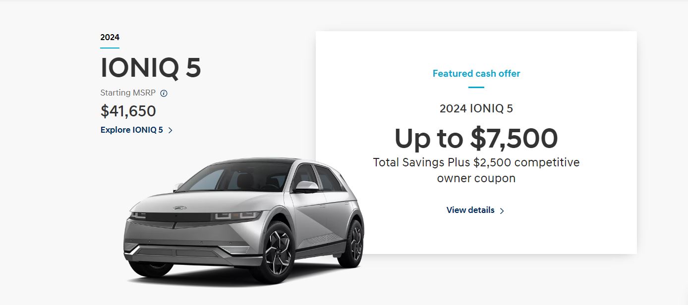 현대자동차 북미법인 사이트 아이오닉 5 7500달러 할인