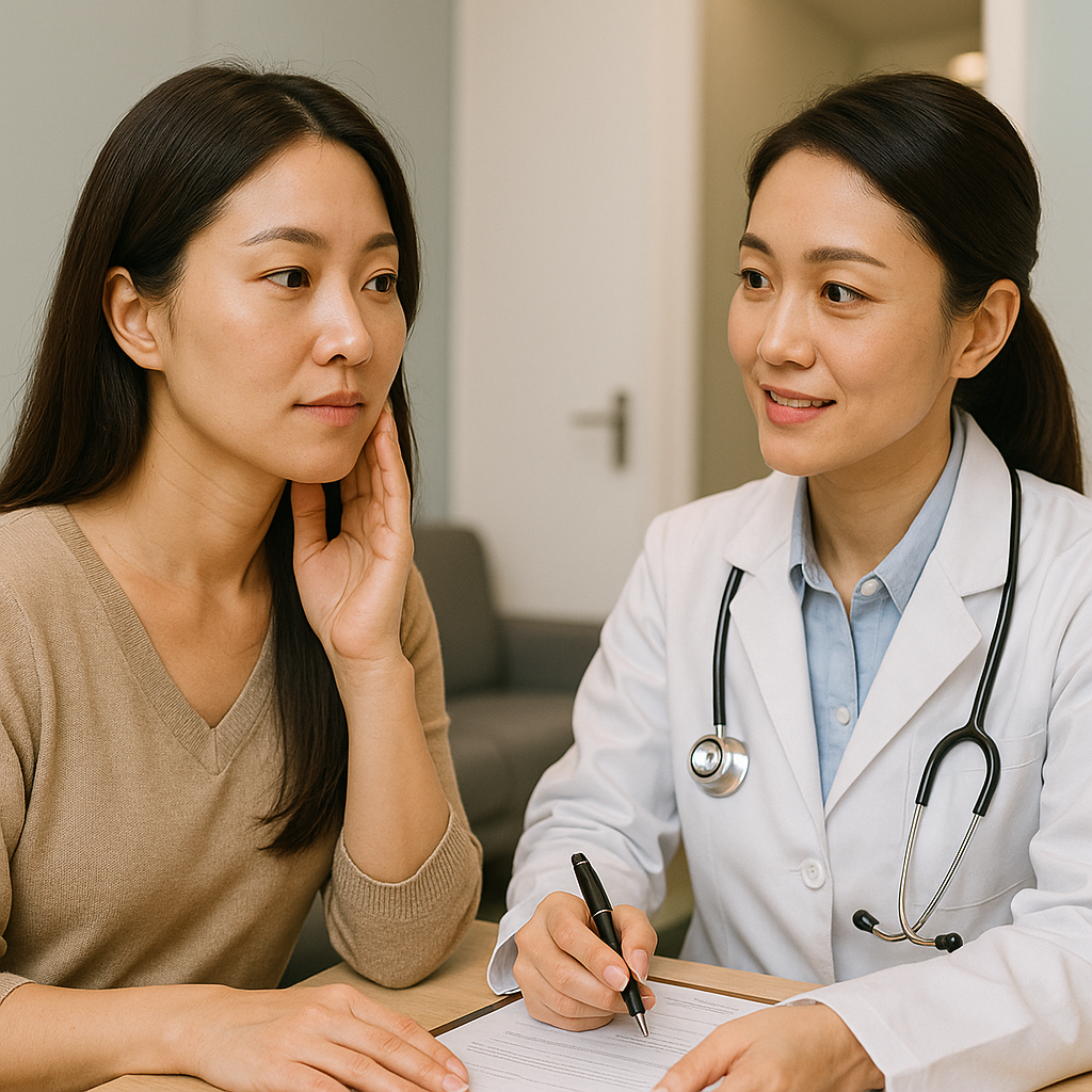 피부과 대기실에서 상담 받는 30대 한국 여성