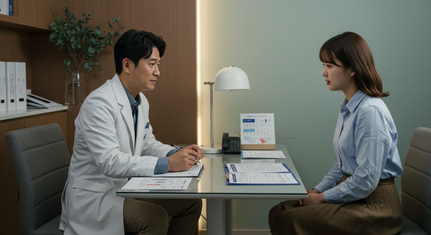 정신건강의학과 의사와 상담하는 30대 여성