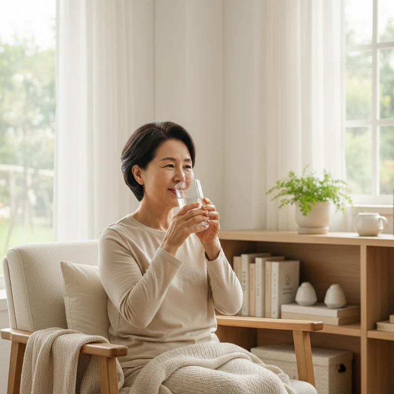 아침에 일어나 물 한 잔을 마시며 건강한 혈압 관리 습관을 실천하는 모습