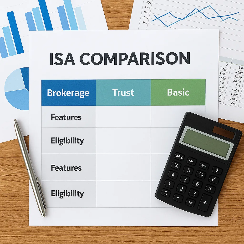 ISA 계좌 비교표와 재무 문서가 놓인 책상
