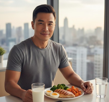 40대 남성이 운동후 단백질 식사 하는 모습