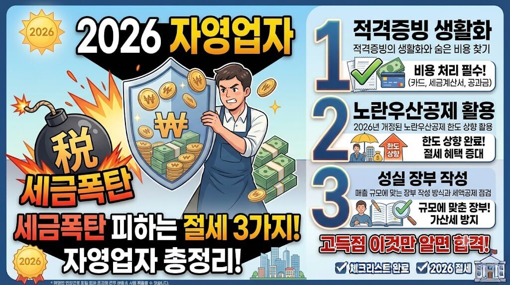 2026년 자영업자 세금폭탄 예방 절세 3가지 전략 안내 인포그래픽
