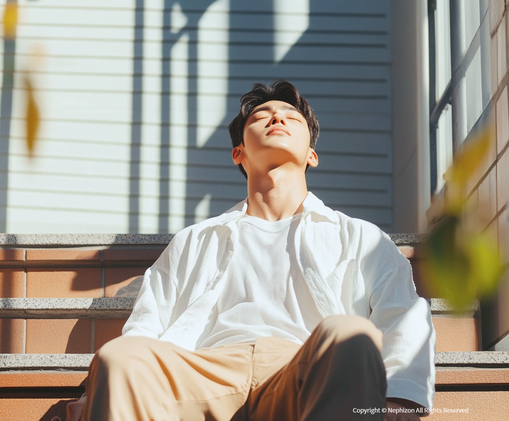 야외활동중 어지러움증으로 안전하게 휴식을 취하고 있는 남성