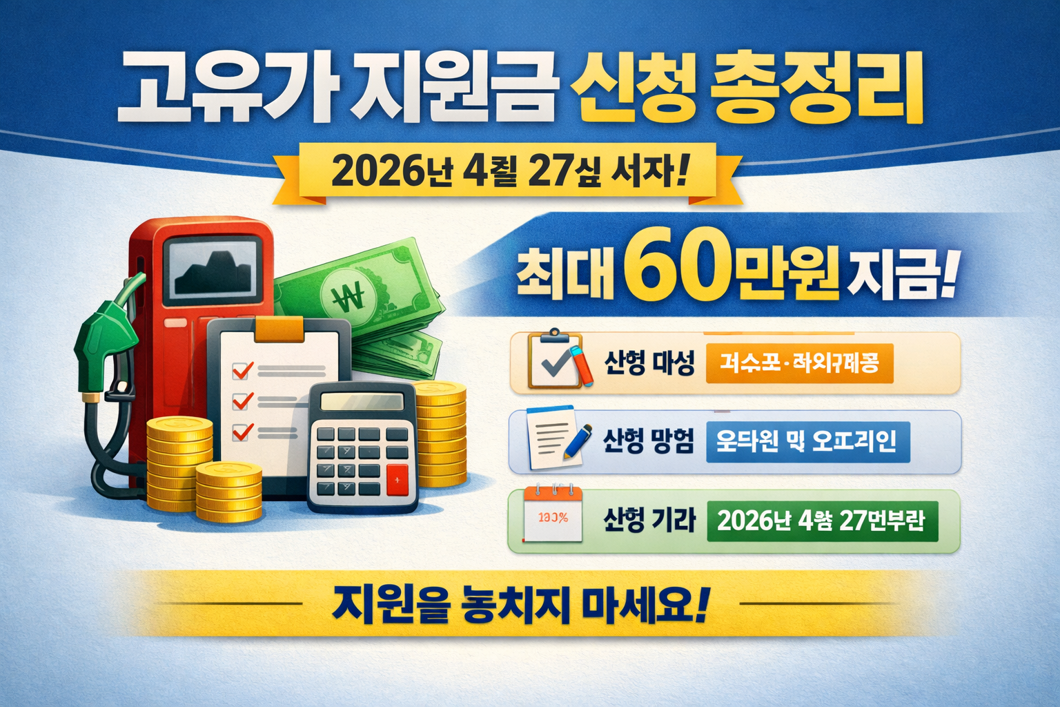 고유가 지원금 지급 지원금 신청 총정리|2026년 4월 27일 시작, 최대 60만원까지