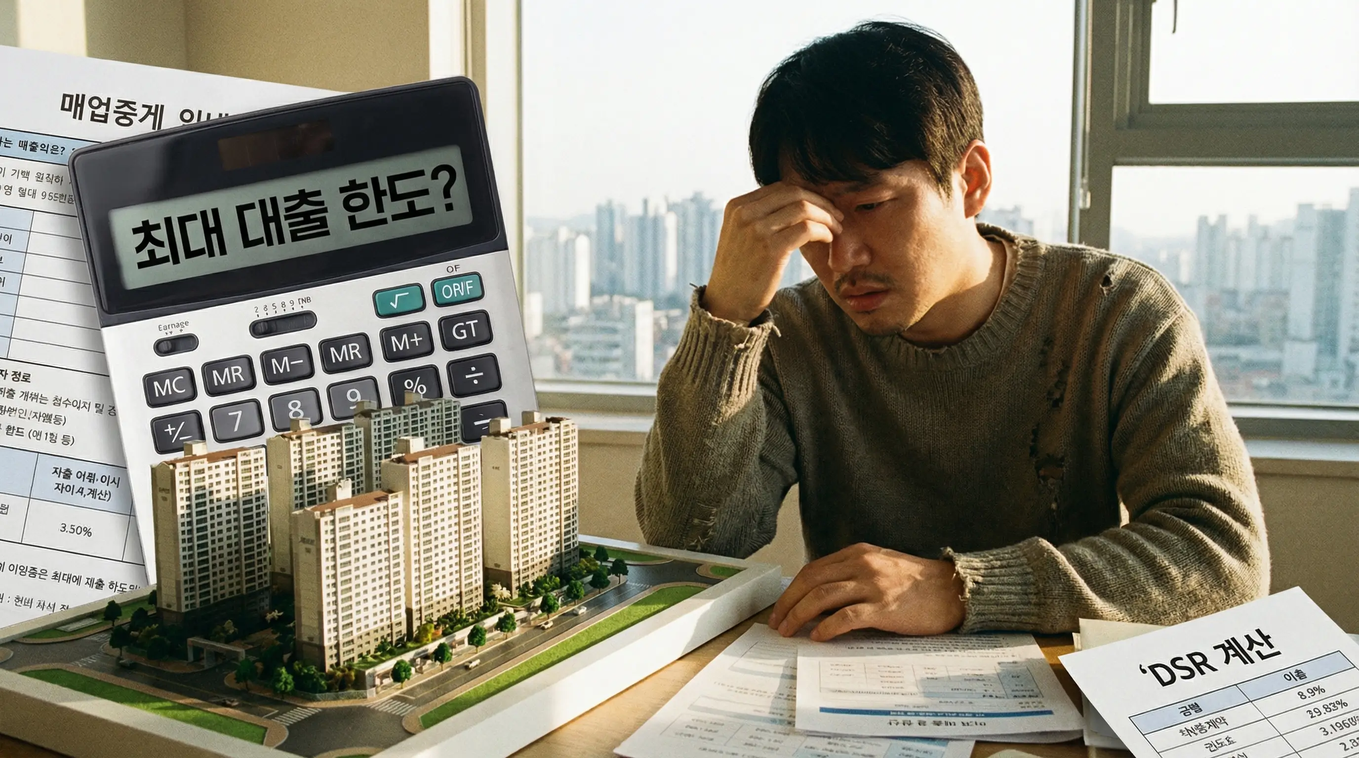 계산기와 아파트 모형을 두고 대출 한도를 고민하는 사용자의 모습