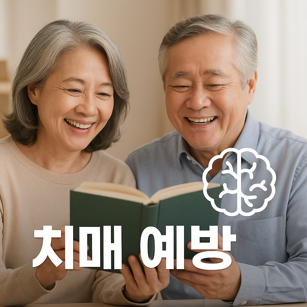밝고 건강한 60대 부부가 함께 책을 읽으며 웃고 있는 모습. 뇌 모양 아이콘과 함께 "치매 예방"이라는 텍스트 오버레이