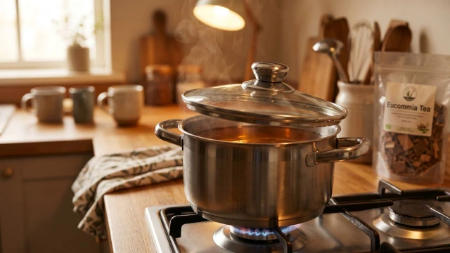 약불로 두충차 달이기 — 뚜껑 반개 40분