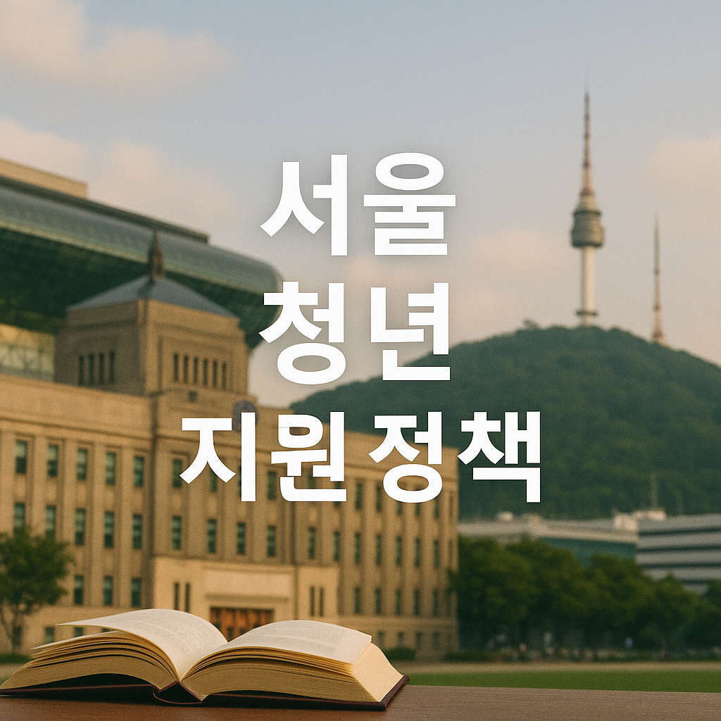 서울 청년 지원 정책 안내 이미지, 배경에 남산타워와 서울도서관