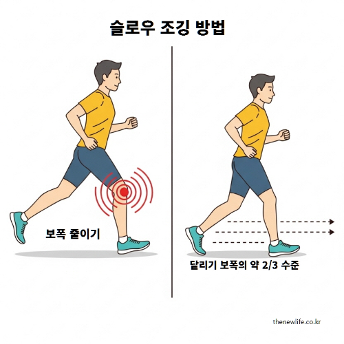 슬로우 조깅 보폭 비교 – 과도한 보폭으로 무릎에 충격이 가는 자세와, 달리기 보폭의 2/3 수준으로 줄여 올바른 슬로우 조깅을 하는 자세