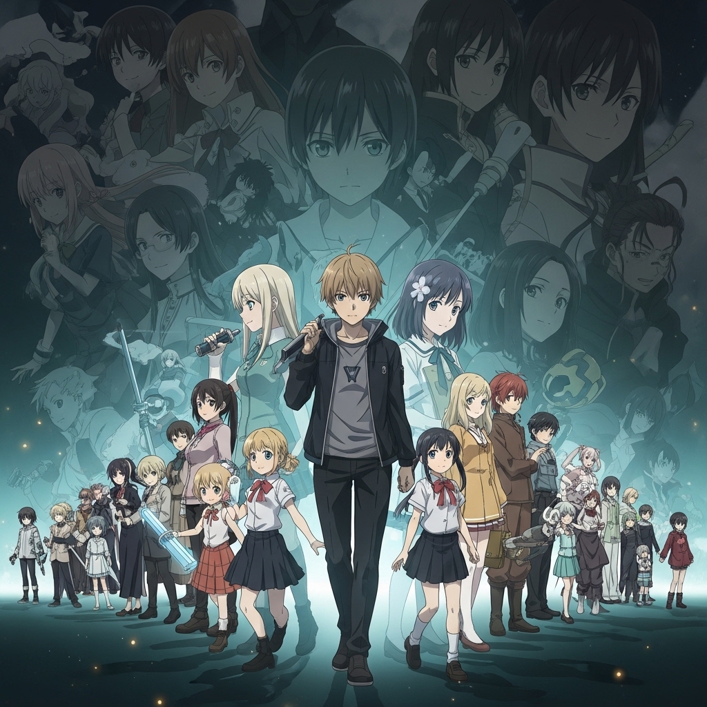 다양한 장르의 애니메이션 캐릭터들이 모여있는, 숨겨진 명작을 발견하는 듯한 신비로운 분위기의 일러스트. 틸색과 회색 톤이 주를 이루며, 보석 같은 애니메이션의 매력을 시각적으로 표현합니다.