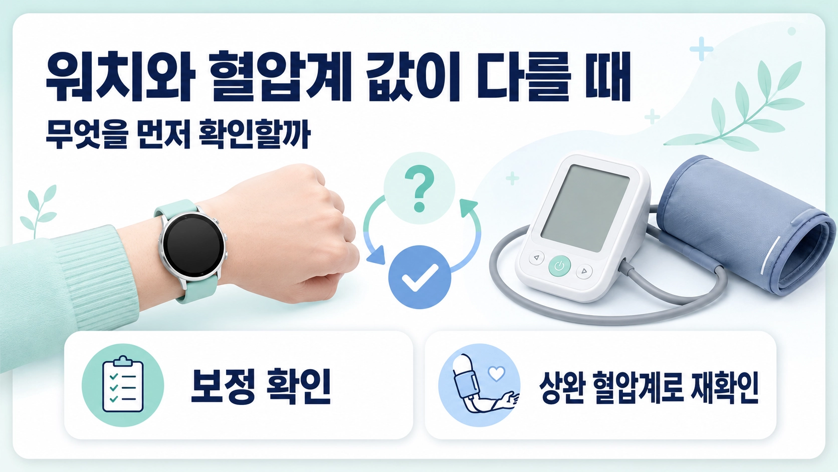 갤럭시 워치와 상완식 혈압계 값이 다를 때 보정 상태를 확인하고 상완 혈압계로 재확인하는 기준