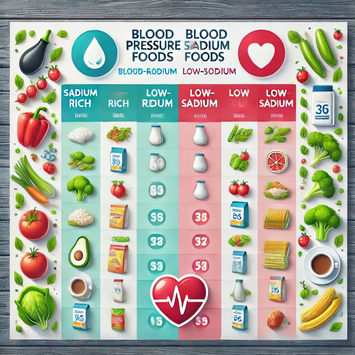 나트륨이 높은 음식과 낮은 음식을 비교하는 테이블 이미지