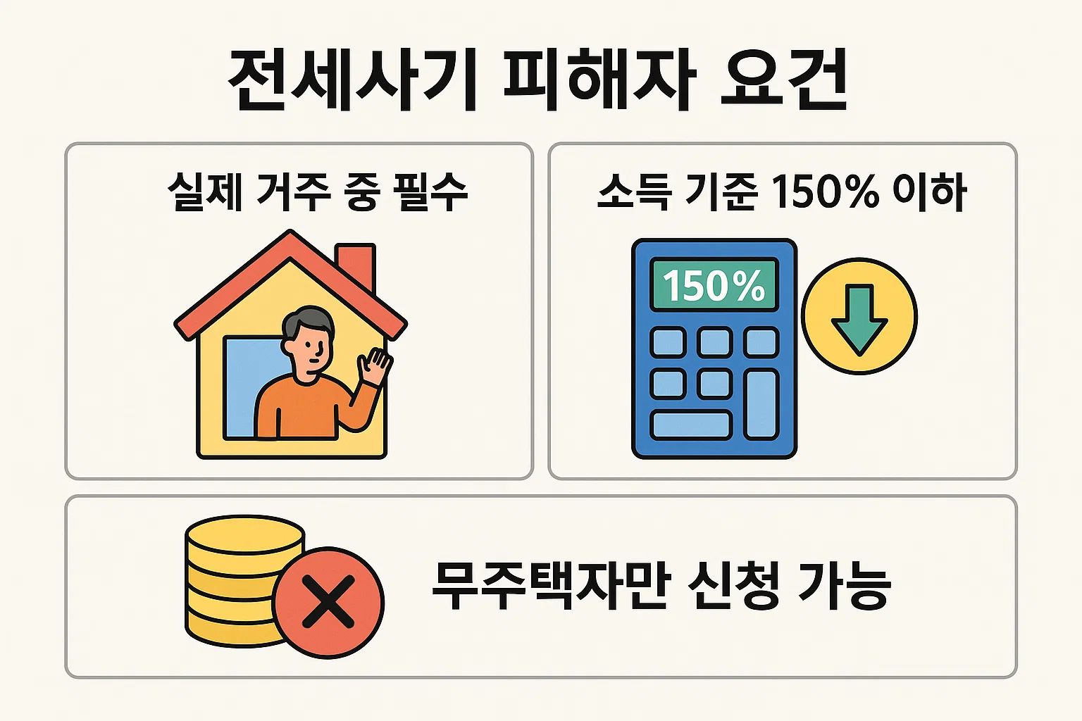실제 거주 요건, 소득 150% 이하, 무주택자 대상 등 LH 매입 지원대상 기준을 시각적으로 정리한 인포그래픽