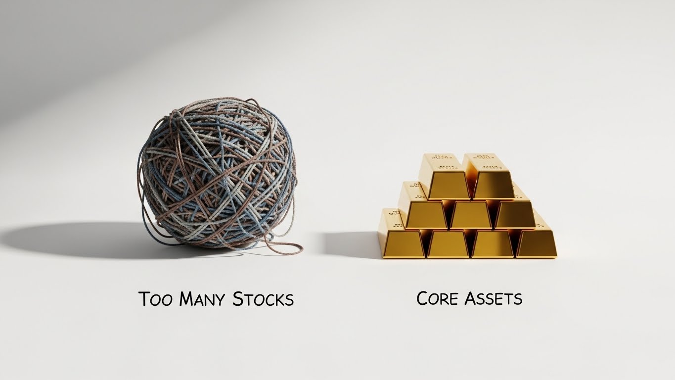 복잡하게 얽힌 실타래(다이소식 투자)를 가위로 자르고, 깔끔하게 정리된 5개의 금괴(압축 포트폴리오)를 보여주는 모습