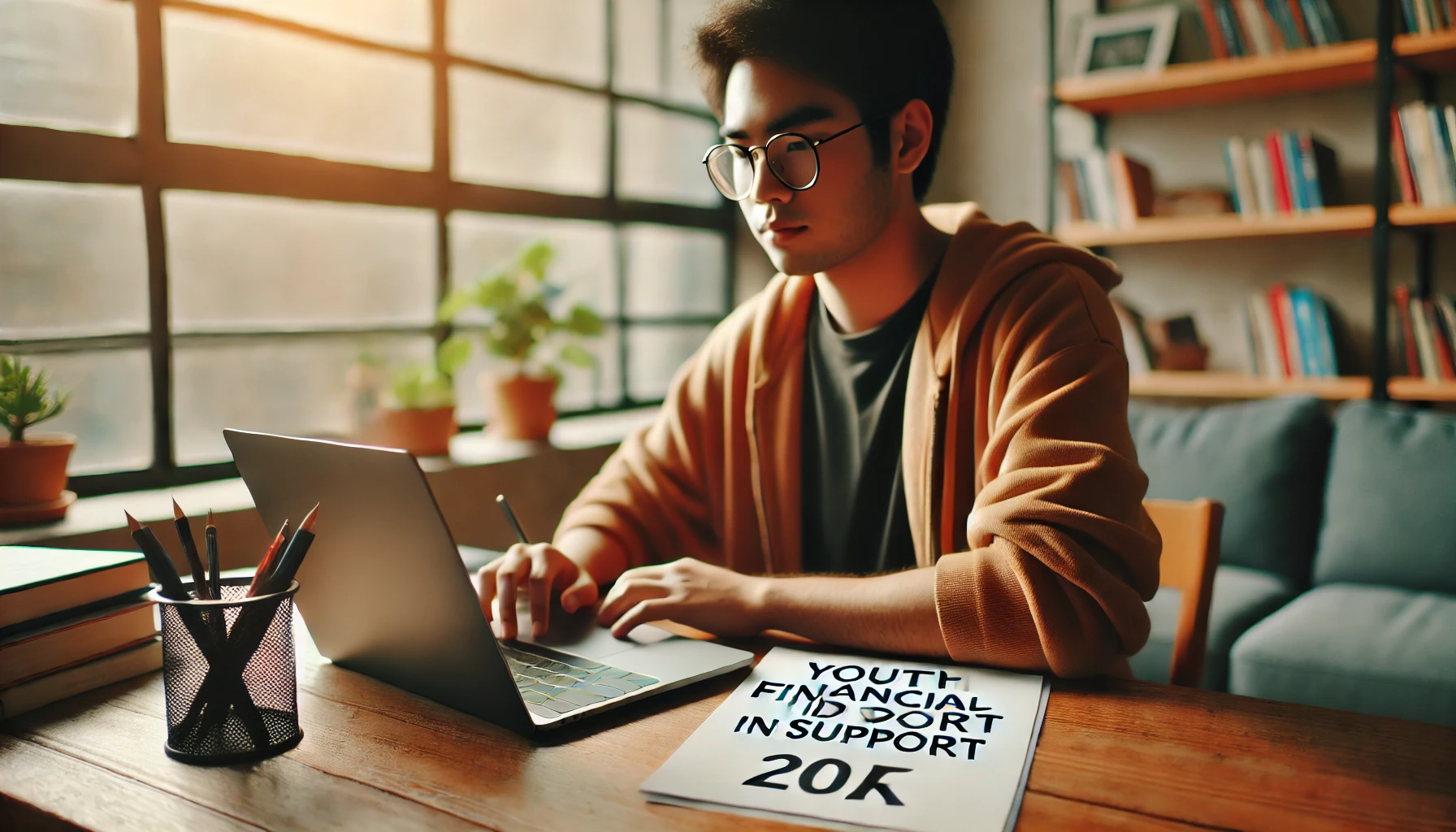 청년 생활 지원금을 위해 인터넷 검색을 하고 지원서를 작성하는 청년