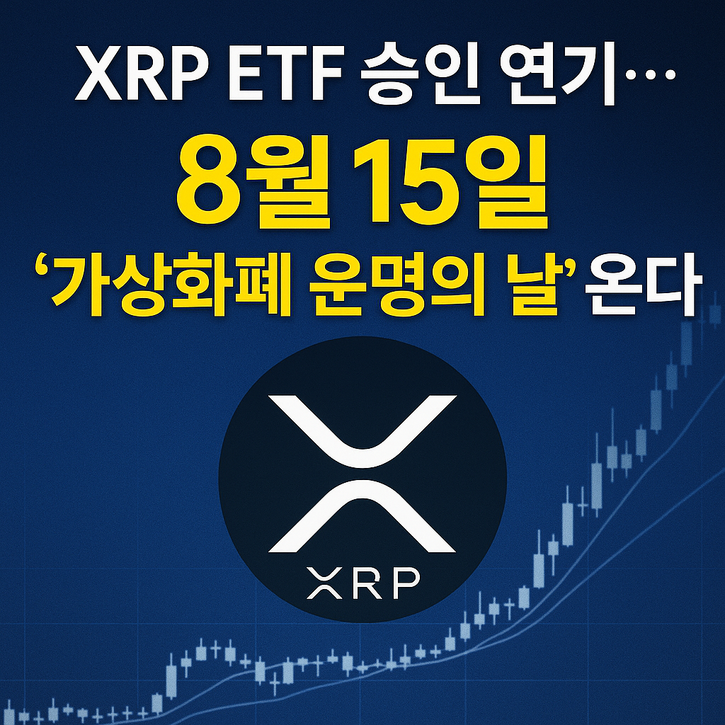 XRP ETF 승인 연기와 8월 15일 가상화폐 운명의 날을 강조하는 썸네일 이미지