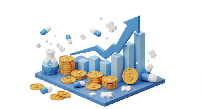 상승하는 3D 주식 차트와 제약 기호들